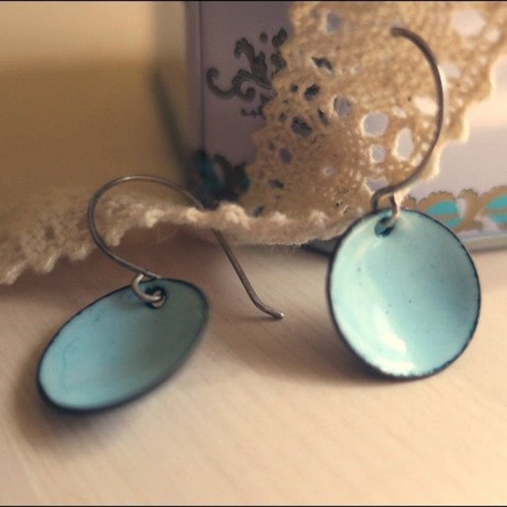 Robin's Egg Blue Enamel Earrings, Handmade, Round